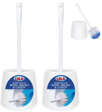 Toilet Brush and Holder Set, by LOLA, 2 Pack, Classic Version, Durable Bristles for Deep Cleaning, w/Compact Space Saving Storage Holder