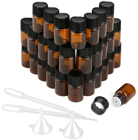 RVLZKCPG 30 Stück Tropfflasche Mini Glasflaschen, Apothekerflasche, Glasfläschchen für Ätherische Öle, 2ml Braunglasflasche mit Orifice Reducers, Mini Flaschen zum Befüllen mit Tropfer Trichtern