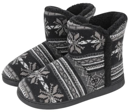 Mens Slipper Boots Knitted Thermal Winter Booties Slippers Women Soft Plush Fleece Lining Non-Slip Sole Warm Comfortable Memory Foam Men Black Boots House Shoes for Indoor Outdoor Cold Weather