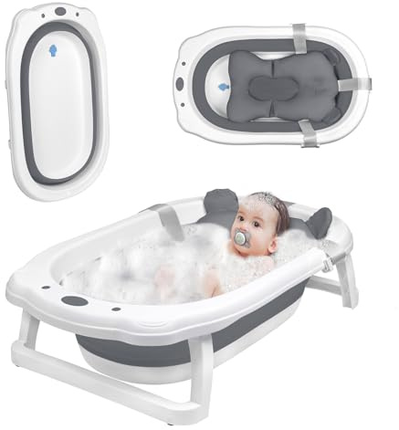 LARS360 Faltbare Babywanne mit Ablauflöchern Geeignet für 0-8 Jährige, Hitzebeständige, Rutschfeste Fußpolster, Stabiles PP & TPE Plastik, rutschfest und Kratzt Nicht am Boden, mit Badematte (Grau)