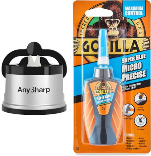 AnySharp Knife Sharpener, Hands-Free Safety, PowerGrip Suction, Safely Sharpens All Kitchen Knives & Gorilla 4044700 Super Glue Micro Precise Clear 5g