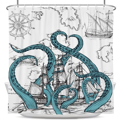 Coxila Nautical Octopus Shower Curtain Standard Monster Ocean Boys Kids Funny Fun Kraken Anime Pirate Sea Life Cool Sailboat Ship Bathroom 72 x 72 Inch Polyester Fabric 12 Pack Hooks