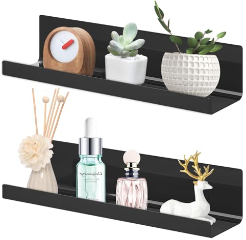 SHMSHNG Wandregal Ohne Bohren, Schweberegal Schwarz, Duschablage,Bilderleiste, Regal Klein für Wohnzimmer, Badezimmer, Kinderzimmer, Küchen, Gewürzregal (2er Set, 38x11x8cm)