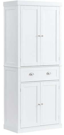 VEVOR 72 Kitchen Pantry Storage Cabinet, Freestanding Utility Cabinets with Doors, Drawer and 3 Adjustable Shelves, Tall Food Buffet Pantries for Kitchen, Living Room, Dinning Room, Laundry, White