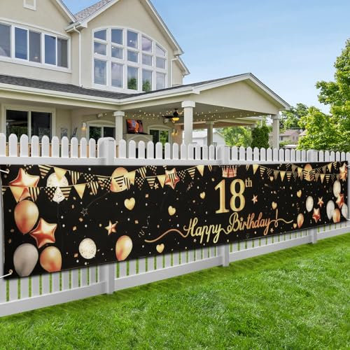 18. Geburtstagsfeier Dekorationen Banner für Jungen und Mädchen, wesentliche Dekoration für 18. Geburtstagsfeier, lange Größe Schwarz und Gold 18. Geburtstag Banner 300×50cm (118,1×19,7 Zoll), Gold
