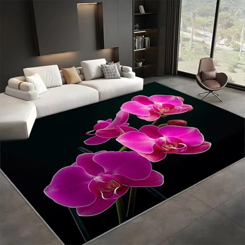 Tapis Antidérapant Lavable Intérieur 80x150cm - Orchidée De Fleurs Végétales Pile Courte, Doux, Vintage Rectangulaire Tapis, Chambre, Cuisine, Salon Tapis d'Intérieur Noir