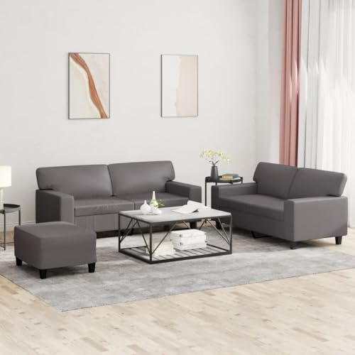 CCCINER 3-TLG. Sofagarnitur Grau Kunstleder,Couchgarnitur mit Kunstlederbezug und Hocker Bequemer Platz zum Entspannen, Lesen und Fernsehen Sofas & Couches