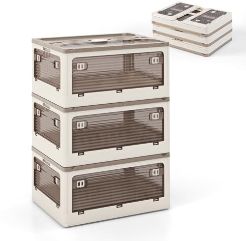 GOPLUS 3 Ebenen Aufbewahrungsbox mit Deckel & Rollen, faltbare Stapelboxen mit 5 Türen, Klappbox Schuhboxen Ordnungsboxen Aufbewahrungsbehälter für Büro, Küche & Wohnzimmer (47 x 35 x 71,5 cm)