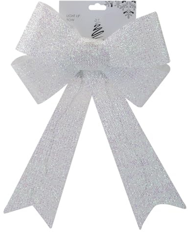 VFM e-Store - Tinsel Bow Light Up Christmas Decoration X 1 Stocking Filler Xmas Present Celebration Festive Winter Ornaments - 29cm X 43cm X 10cm White