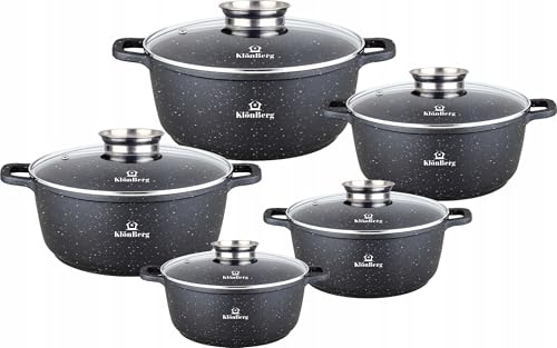 Klönberg Induktions-Topfset, Aluguss-Topf mit Antihaftbeschichtung, Topfset mit Glasdeckel für alle Herdarten, auch Induktionsherde (Schwarz, 10 tlg)