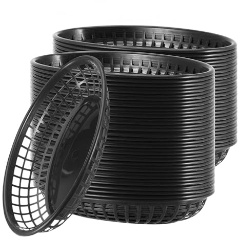 FAAING 60 cestas de comida rápida de estilo retro, color negro, 22,5 x 14 x 4 cm, de plástico, ovaladas, cesta de pan, cestas de alimentos, cestas pequeñas para servir patatas, hamburguesas,