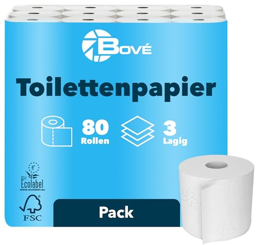 BOVE Toilettenpapier 3-Lagig - 80 Rollen, 125 Blatt pro Rolle - Weiß, 100% Zellstoff, Dezent Gemustert – Extra Weich & Reißfestes Klopapier - FSC- und Ecolabel-Zertifiziert