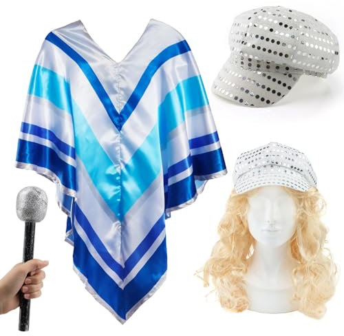 Damen 70er Jahre Pop Star Kostüm Set - Blau und Silber Poncho Lange Blonde Perücke Glitzer Mikrofon Pailletten Hut - Erwachsene 1970er Jahre Disco Verkleidung Outfit für Partys, Junggesellenabschied