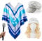 Damen 70er Jahre Pop Star Kostüm Set - Blau und Silber Poncho Lange Blonde Perücke Glitzer Mikrofon Pailletten Hut - Erwachsene 1970er Jahre Disco Verkleidung Outfit für Partys, Junggesellenabschied