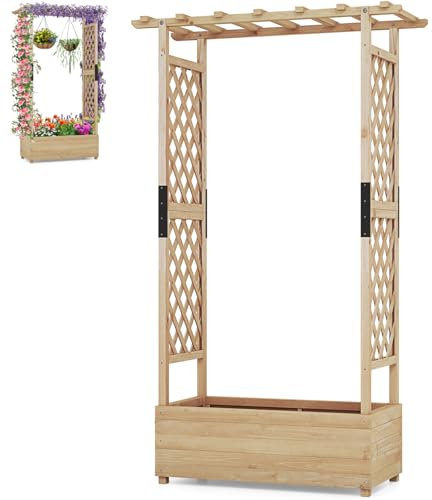 GiantexUK Raised Garden Bed with Arch Trellis, Wooden Garden Planter Box with Drainage Holes, Climbing Plants Vines Vegetables Herbs Flower Pots Grow Box for Patio Backyard (Natural, 110x44x180cm)