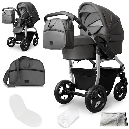 Bergsteiger Capri Kombikinderwagen 2-in-1 ohne Babyschale – Babywanne & Sportsitz, Luftreifen, Federung, höhenverstellbarer Griff, faltbar, Zubehör