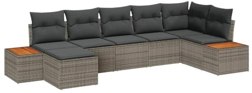 vidaXL Garten-Sofa-Set mit Kissen 7 pcs Grau Poly Rattan, Garten und Terrasse, Flexibles Sofa-Set, wetterfest, verstellbare Füße, Bequeme Sitzgelegenheit zum Entspannen.