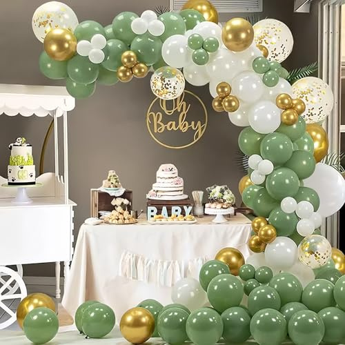 152 Stück Luftballons Eukalyptus Grün Gold Weiß, Retro Olive Salbei Grün Gold Weiß Helium Ballons Gas Set, Luftballons Geburtstag Konfetti Latex Ballons für Geburtstag Baby Shower Hochzeit Dekoration