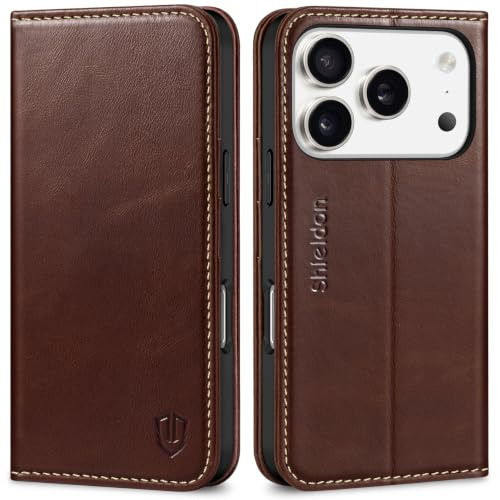 SHIELDON Echtleder Hülle für iPhone 17 Pro 6,3 5G 2025, Retro Kaffee