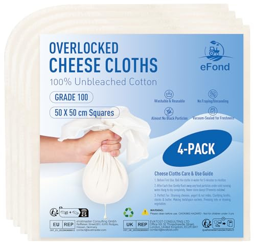 eFond Passiertuch Käsetuch Mulltuch - 4 Stück, 50x50cm Quadrate | Overlock-Saum - Grade 100 Ultrafeinmaschig zum Abseihen von Butter, Nussmilch - Cheesecloth, Seihtuch für Kochen und Braten