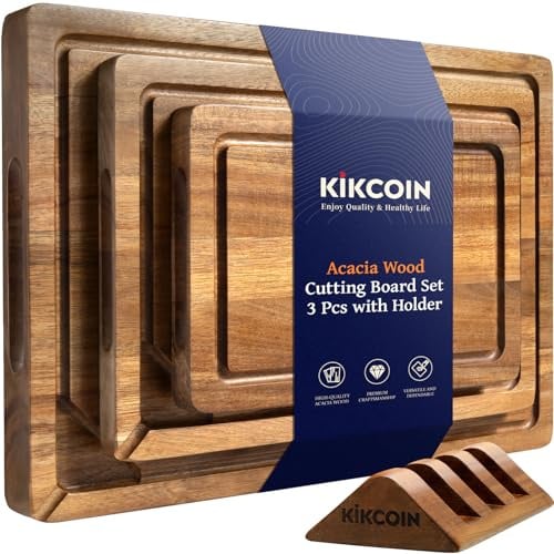 Kikcoin Food Safe Acacia Wood Cutting Board Set, Reversible Tray