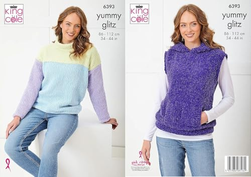 King Cole Yummy Knitting Pattern Pamphlet - 6393 Ladies Sweater & Hooded Tank Top (34-44ins)