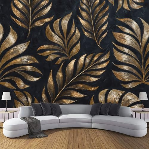 ANALTIRCE Papier Peint Intissée Luxe Feuilles Palmier 200×150cm Papier Peint Panoramique, Plantes Tropicales Rétro XL Tableaux Décoration Murale pour Salon, Chambre, Décor Fond TV, Noir