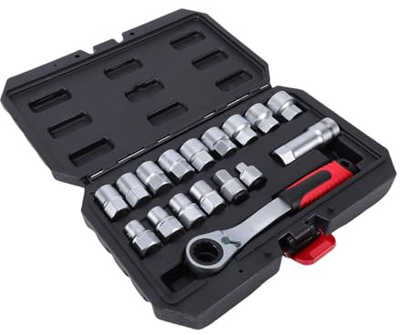 Luocute Jeu de 17 Clés à Cliquet et Douilles, 17 Pièces, 10 à 24 Mm, clé à Douille Cannelée Métrique à 12 Pans avec Engrenage Bidirectionnel à 72 Dents, Adaptateur D'entraînement 1/2