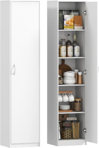 HOMCOM Küchenschrank Buffetschrank Schmal mit 1 Tür 40 x 35 x 180 cm Weiß | Hochschrank, Verstellbare Einlegeböden, 5 Ebenen, Moderner Vorratsschrank, für Kleine Räume, Wohnzimmer, Küche