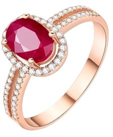 Beydodo Trauringe Rotgold 585 Echtgold, Damen Ringe Halo mit Oval Rubin und Diamant Verlobungsringe Hochzeit Ring Frauen Größe 61 (19.4)