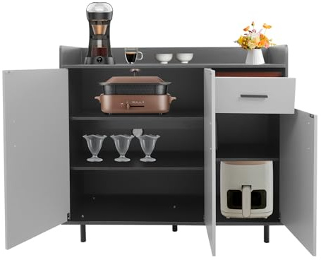 Wiyuer Armoire de rangement de cuisine avec un tiroir et trois portes en panneau de densité - Charge maximale : 60 kg - 100 x 34 x 92 cm - Gris et noir - Pour cuisine, vaisselle, micro-ondes
