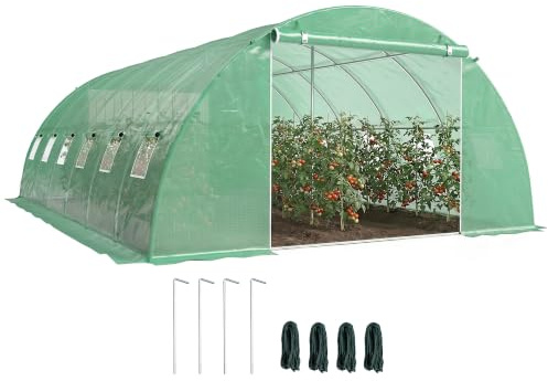 Outsunny Serre Tunnel de Jardin 24m² 395x595x199cm, Acier Galvanisé Ø25mm et Structure Renforcée - Serre Maraîchère en Bâche PE 140g/m², 12 Fenêtres & 2 Portes, Idéale Potager & Hivernage, Vert