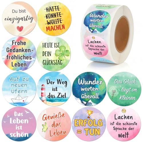 500 Aufkleber 12 Designs mit inspirierenden Sprüchen, 2,5 cm Deutsch Papier ästhetische Sticker, lustige Aufkleber für Geschenk, Fotoalbum, Scrapbooking, Umschlag und DIY