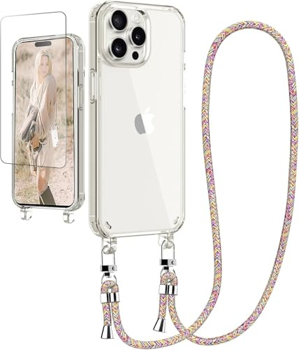 Ciciber Handykette Hülle für iPhone 16 Pro Max Handyhülle mit Band und Schutzfolie, Schutzhülle Transparent Case mit Schnur zum Umhängen Kordel Necklace Hülle, Regenbogen