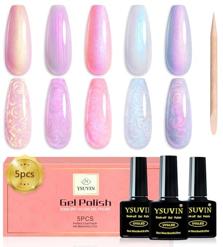 Yueshop Gel Nail Polish Pearl, 5 Colors Shimmer Iridescent Gel Polish Nail | Pink Blue Purple White Gel Nail Polish Set with Stick Soak-Off UV LED, Shell Swirl Thread Effect, Manicure DIY Salon, 8ml