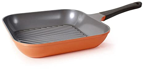 Neoflam Eela Grillpfanne, quadratisch, antihaftbeschichtet, PFOA-frei, Ecolon-Keramikbeschichtung, für Bratpfanne, Fisch, Gemüse und Fleisch, kratzfest, Orange