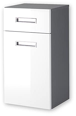 MANHATTAN Badezimmer Kommode hängend in Weiß Hochglanz, Grau - Badezimmerschrank Bad Schrank mit viel Stauraum - 38 x 72 x 31 cm (B/H/T)