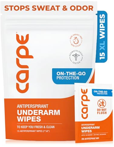 Carpe On-The-Go Antiperspirant Body Wipes For Deodorizing, Cleansing, And Sweat Blocking When You’Re On The Move, 15 Residue Free, Individually Wrapped Wipes, Light And Refreshing Scent