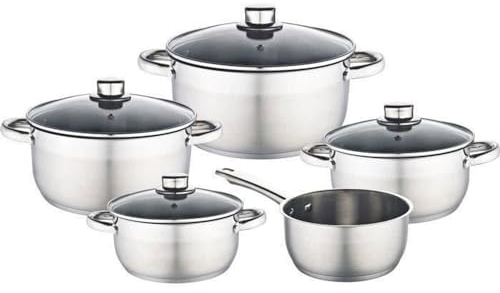 Baumalu, Batterie 9 Pièces INOX en Acier Inoxydable, Couvercle en Verre avec Bord Inox et Trou Vapeur, Compatible Tous Feux et Induction, Résistant au Lave-Vaisselle