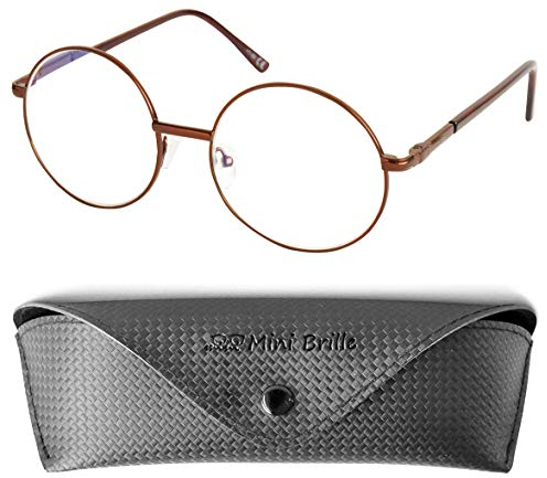 Hippie Runde Blaufilter Brille Lesebrille mit Große Gläser, Etui, Anti Blaulicht Brille Stil 60er Jahre aus Metall (Braun), Blaulichtfilter Brille Damen und Herren +1.5 Dioptrien