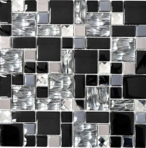 Mosaik Fliese Transluzent Edelstahl schwarz Kombination Glasmosaik Crystal Stahl schwarz Glas für WAND BAD WC DUSCHE KÜCHE FLIESENSPIEGEL THEKENVERKLEIDUNG Mosaikmatte Mosaikplatte