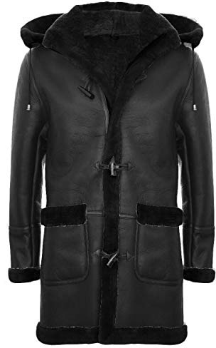 Men's Warm Winter Long Real Sheepskin Leather Black Brown Hooded Duffle Coat XL