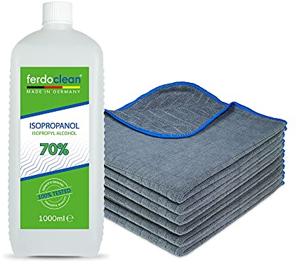 ferdoclean® 1000ml isopropanolo 70% + 6 x panni in microfibra (40 x 40 cm) 380 GSM extra assorbente | 1l solvente IPA alcool detergente per la casa, auto | Detergente sgrassante - blu/antracite