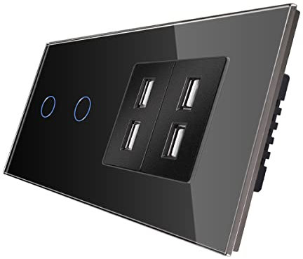 CNBINGO Touch Lichtschalter mit 4 USB -Anschlüsse 2.4 Amp - Berührungsschalter zweifach mit Glasrahmen und Status-LED - Wandschalter unterputz in Schwarz - 500 W/Fach