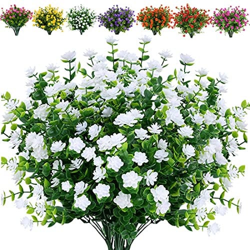 JOYGAR Künstliche Buchsbaum-Sträucher, UV-beständig, kein Verblassen, künstlicher Lotus, für Zuhause, Garten, Hängepflanzgefäß, Innenveranda, Terrasse, Büro, Hochzeitsdekoration, Weiß, 12 Bündel