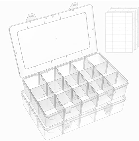 FFowcye 2 Pack 15 Grids Craft Storage Boxes with Compartments, Screw Organiser Storage Box, Clear Small Parts Organiser for Bead Screw Tackles Snack Washi Tape Thread Earring Toys Arts and Crafts