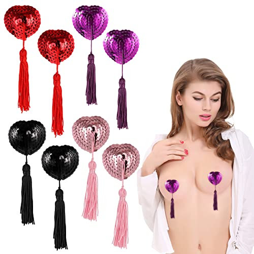 Xinjieda Reusable Adhesive Nipple Covers, Heart-Shaped Silicone Pasties with Tassels, 2 Pairs (red+purple+black+pink)
