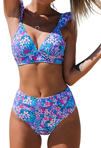 CUPSHE Bikini da donna a vita alta fondo stampa floreale volant scollo a V costumi da bagno 2 pezzi costume da bagno costume da bagno, Viola, L