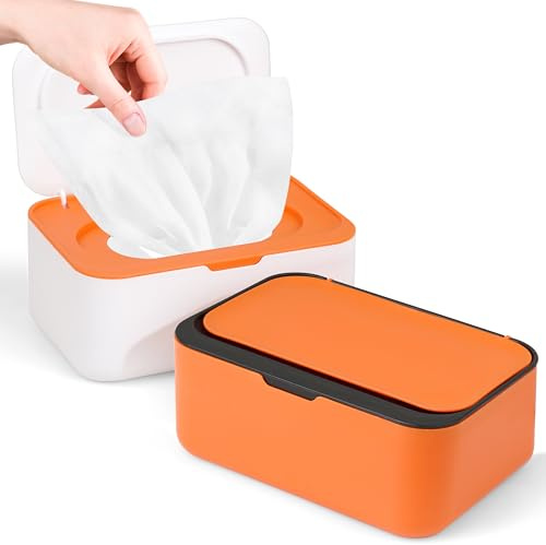 8 x Feuchttücherspender, wiederverwendbare Feuchttücherbox und tragbarer Feuchttücherbeutel, nachfüllbarer Feuchttücherbeutel mit Deckel für Badezimmer, Baby, Kinderzimmer, Küche, Büro, Reisen (Orange