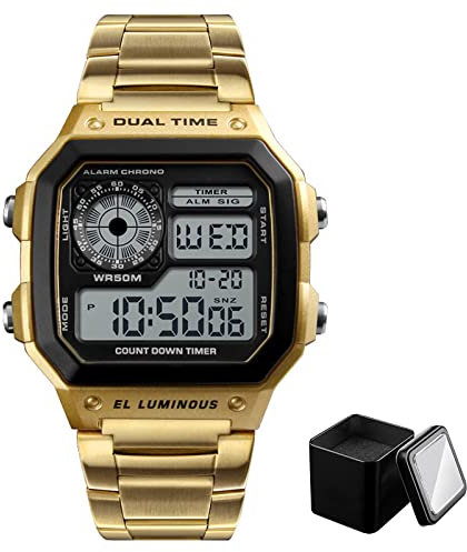 Nicoone Herren Uhr Digital, Chronograph mit LED-Hintergrundbeleuchtung, Herren Armbanduhr, 50 m Wasserdicht, Edelstahlarmband (Gold)